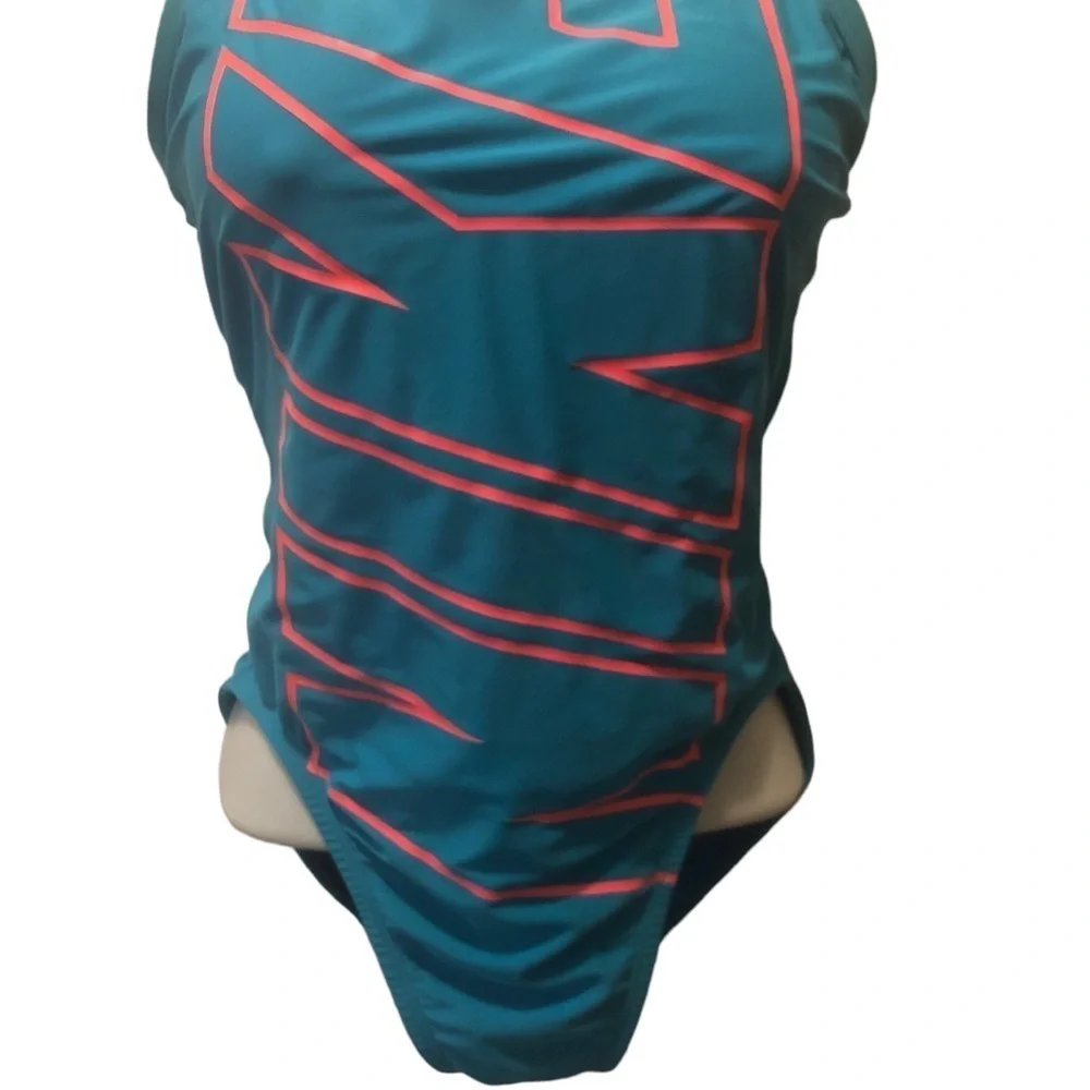 Nike Sport Swim Tank 1PC Swimsuit Sz 8 Sky Blue Pink Spell~Out Logo Racerback